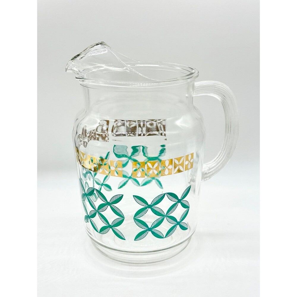 Vintage MCM Federal glass juice carafe jug pitcher gold trim teal green design - Picture 2 of 9
